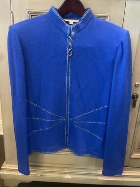St. John Evening Cobalt Blue Knit Zip Jacket with Rhinestone Trim